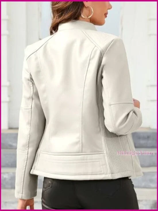 Faux Leather Motorcycle Jacket Women's Quilted Bomber Zipper Pockets - Picture 3 of 7